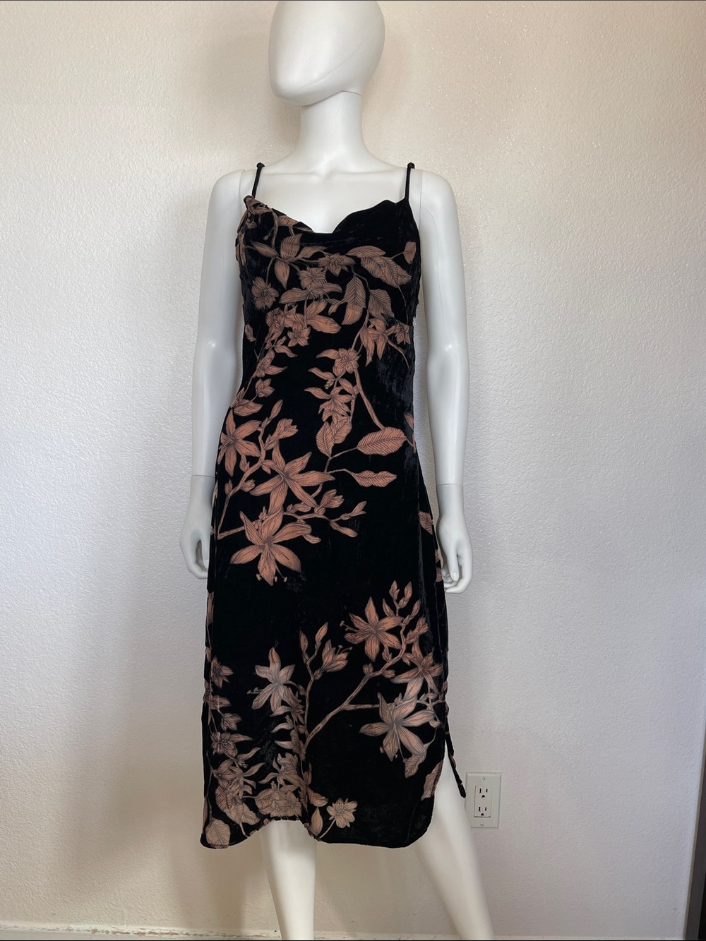 Black Slip Midi Dress with Dusty Rose Floral Embroidery